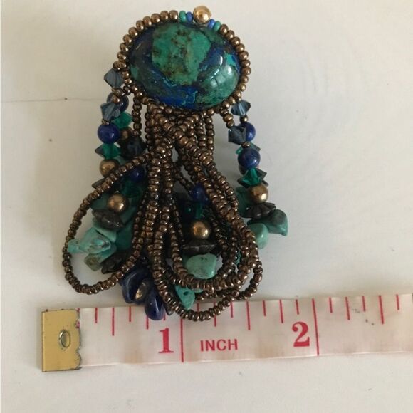 Vintage 80’s Turquoise & Blue Long Drop Clip On Earrings with Gold Tone Beads. - Picture 8 of 10